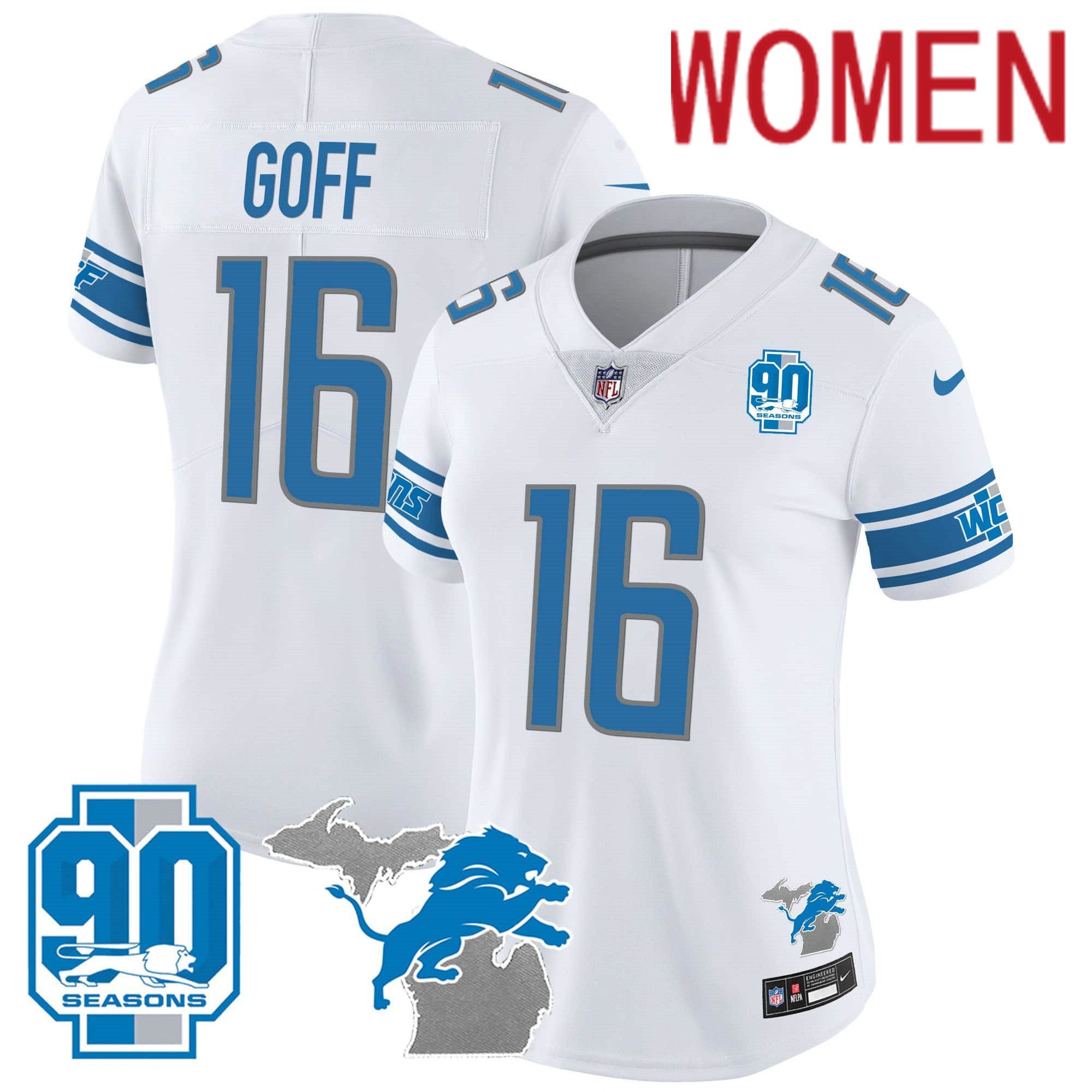Women Detroit Lions #16 Goff White 2024 Nike 90th Year Michigan Patch Vapor NFL Jersey->customized nfl jersey->Custom Jersey